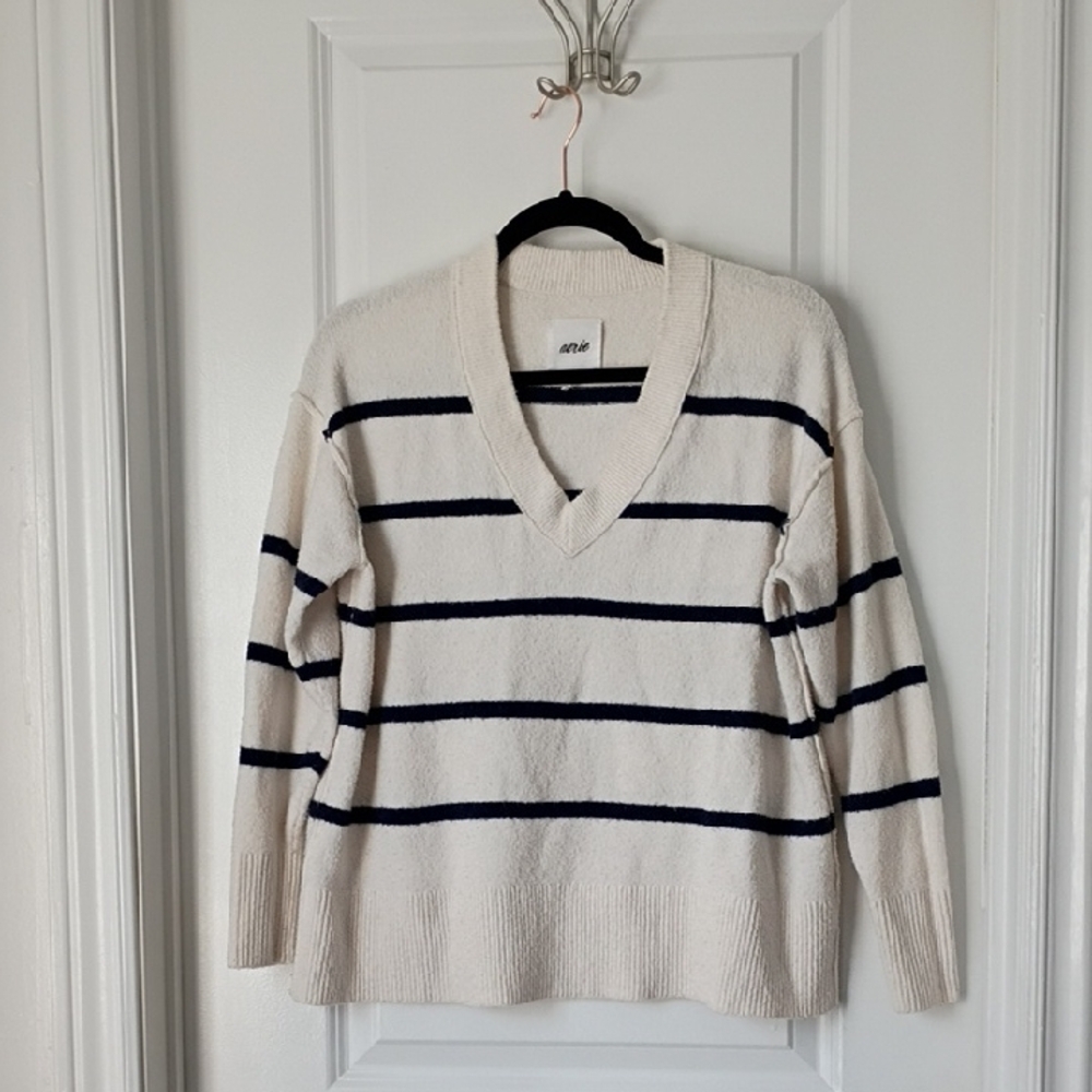 aerie Cream V-Neck Sweater with Navy Stripes